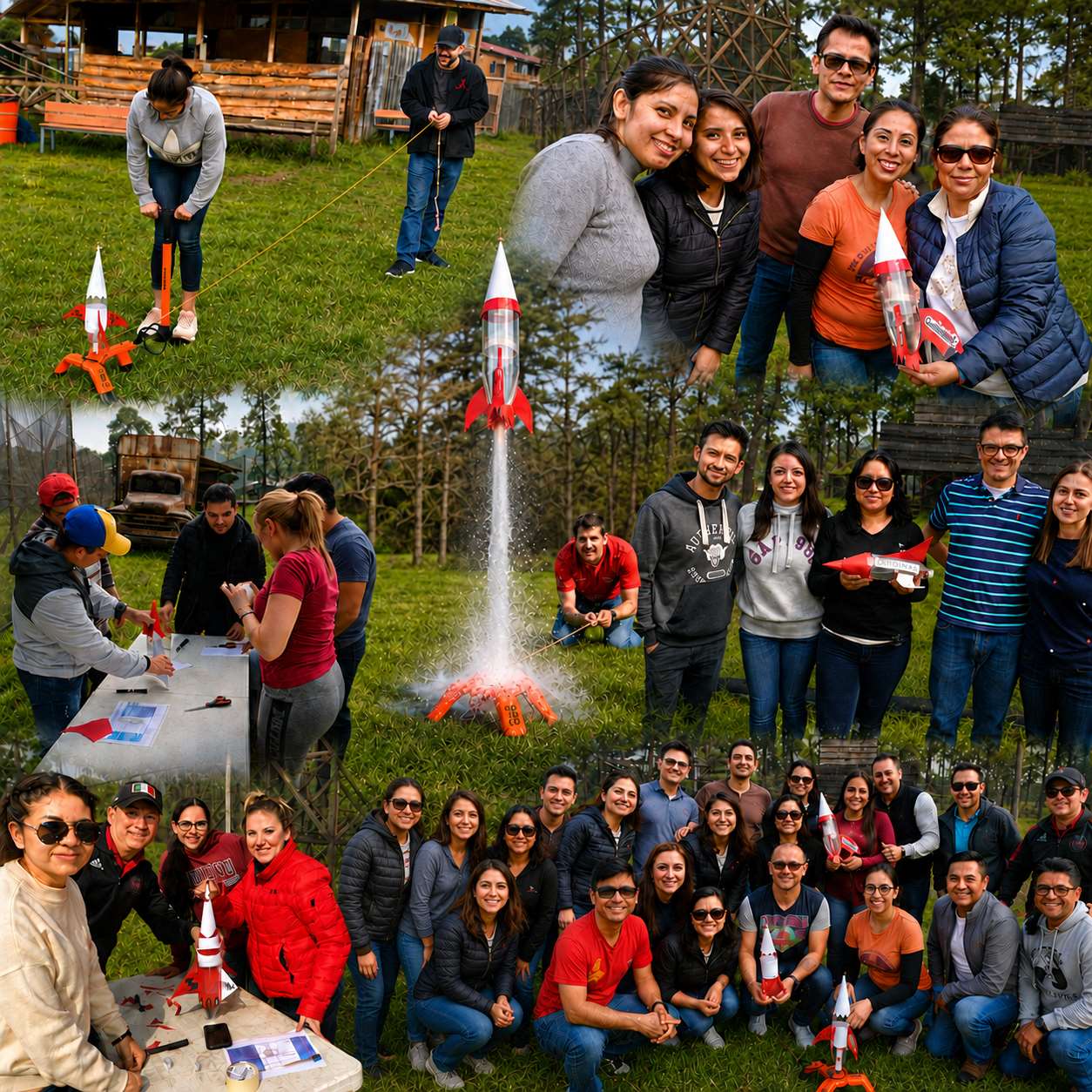 Grupo corporativo construyendo y lanzando cohetes en la misión Lanzamiento de Misil
