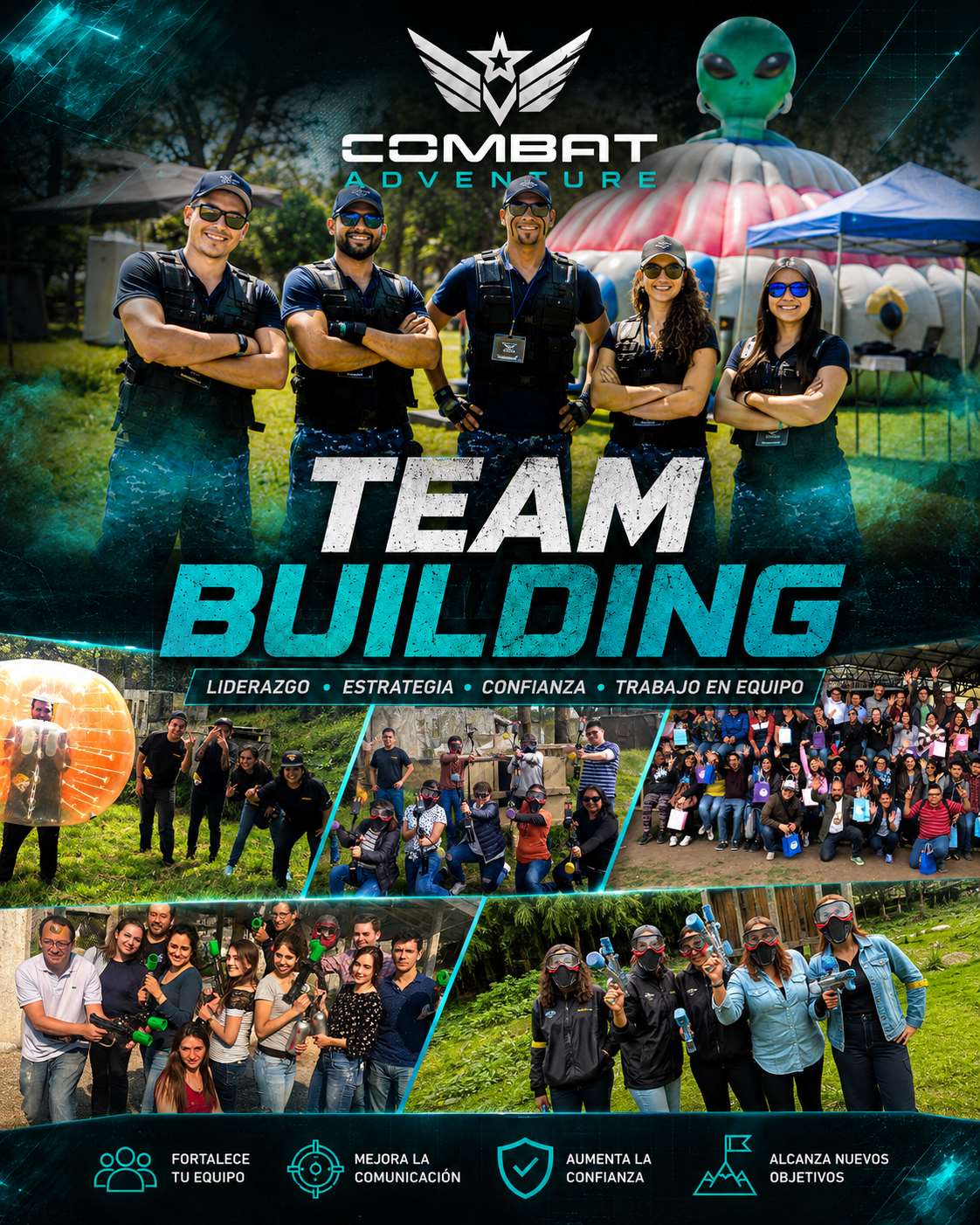 Equipo de Combat Adventure y grupos corporativos durante actividades de team building de aventura