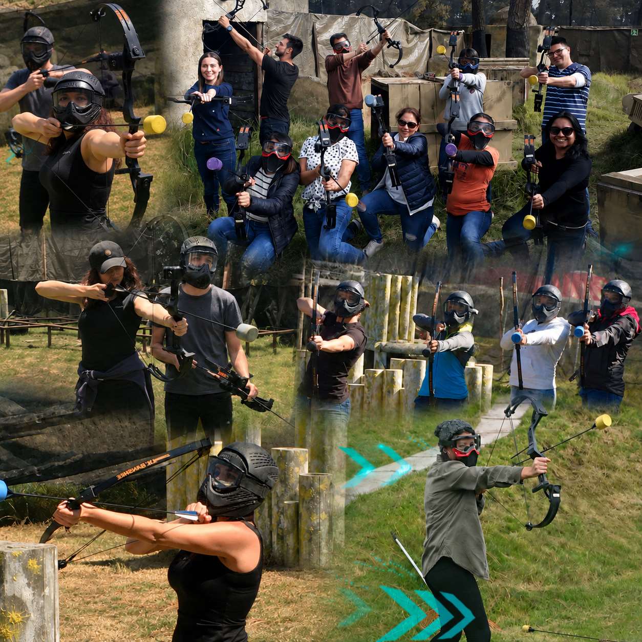 Equipos corporativos con arcos y protección facial en la Batalla Medieval
